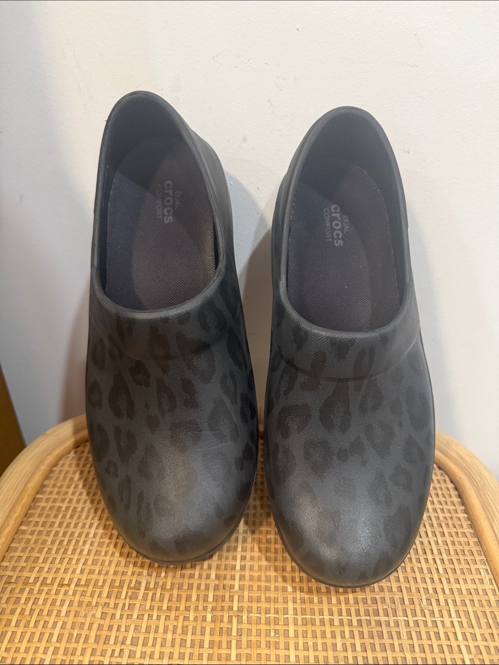 CROCS Women’s Black Gray Leopard-Print Slip-On Clogs